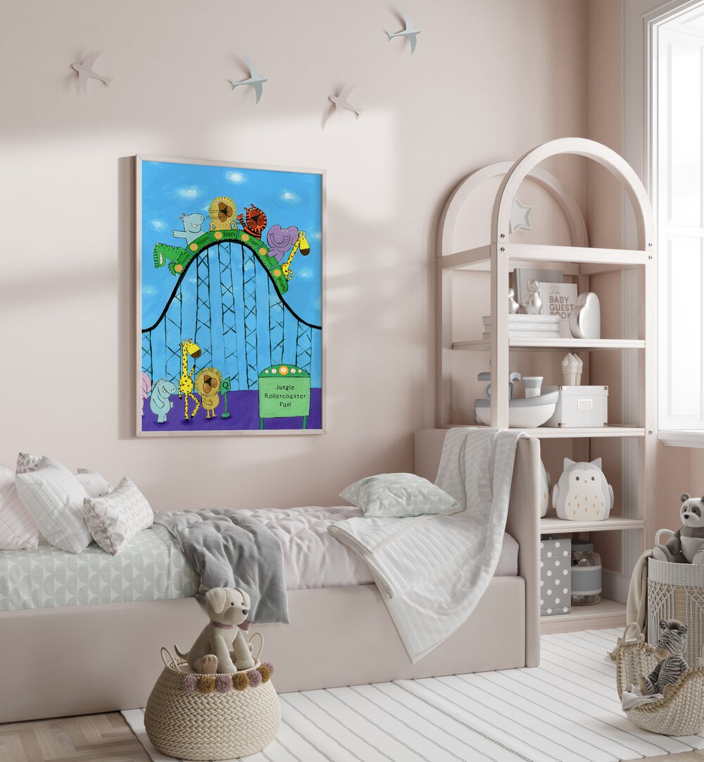 Jungle Animals Whizzing Down The Rollercoaster By Carla Daly Kids Painting  placed on a wall