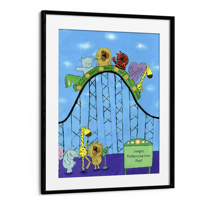 Jungle Animals Whizzing Down The Rollercoaster By Carla Daly Kids Painting in Black Frame With Mount