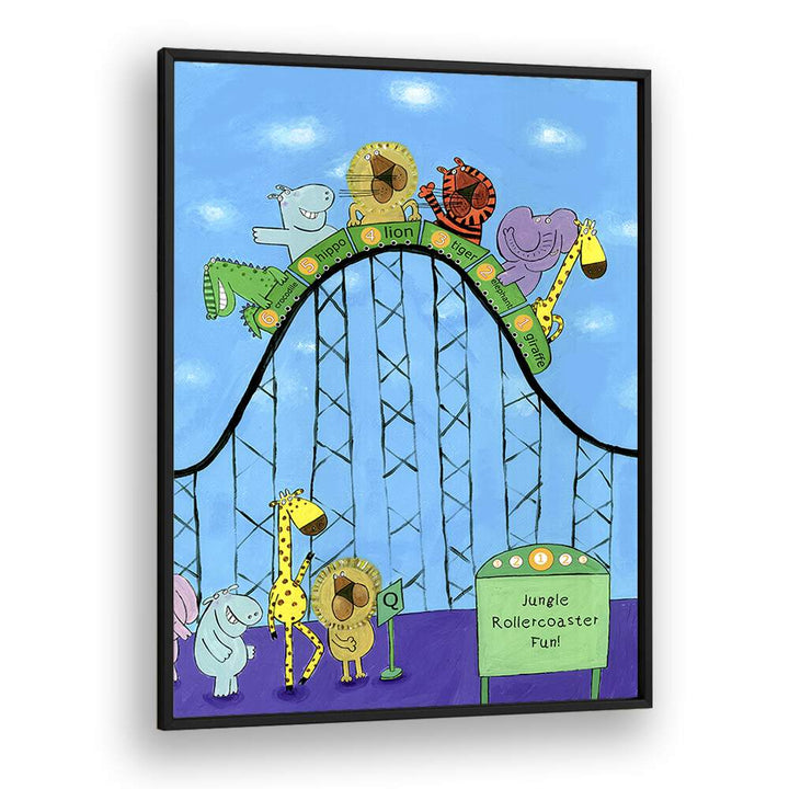 Jungle Animals Whizzing Down The Rollercoaster By Carla Daly Kids Painting in Black Plain Frame