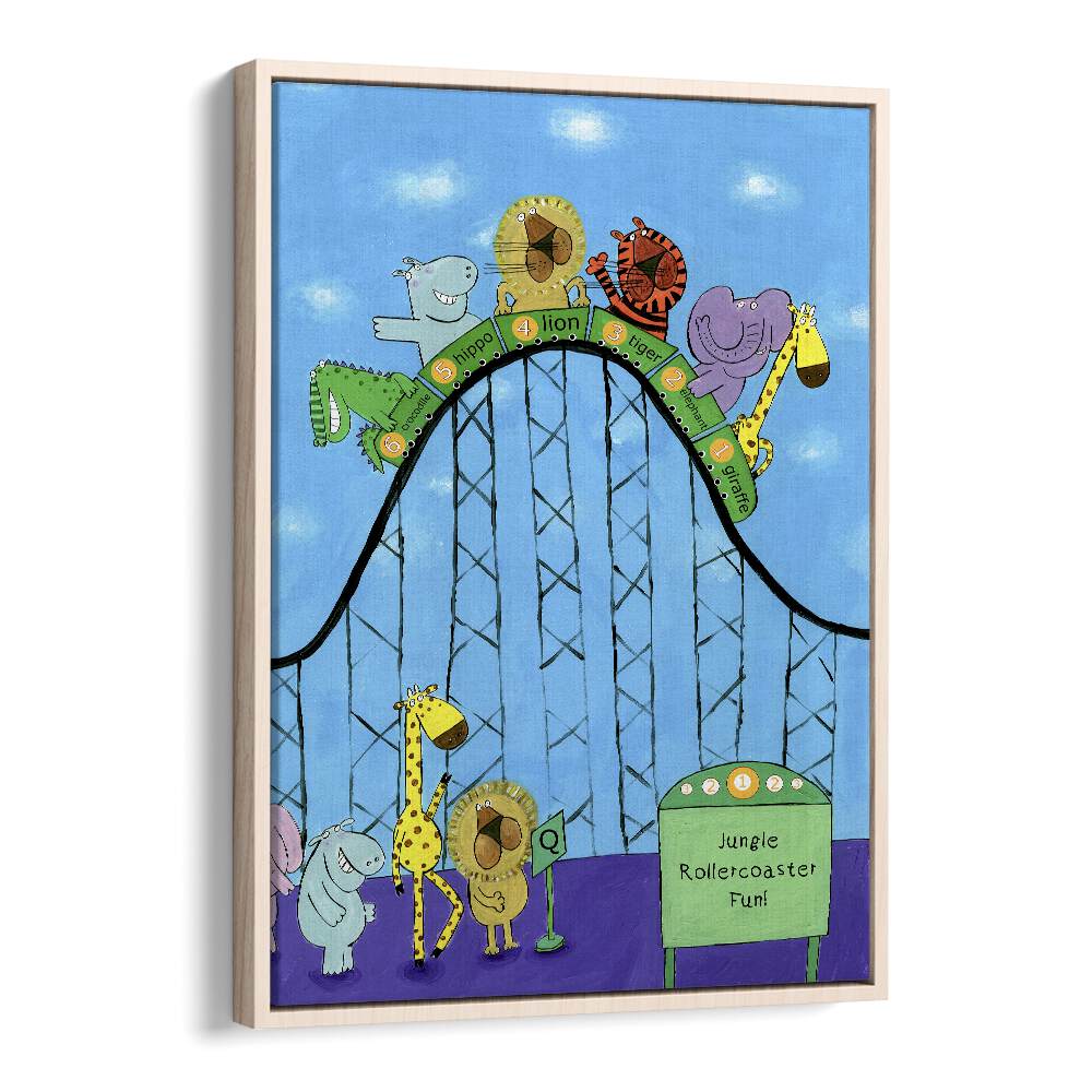 Jungle Animals Whizzing Down The Rollercoaster By Carla Daly Kids Painting in Oak Wood Floater Frame