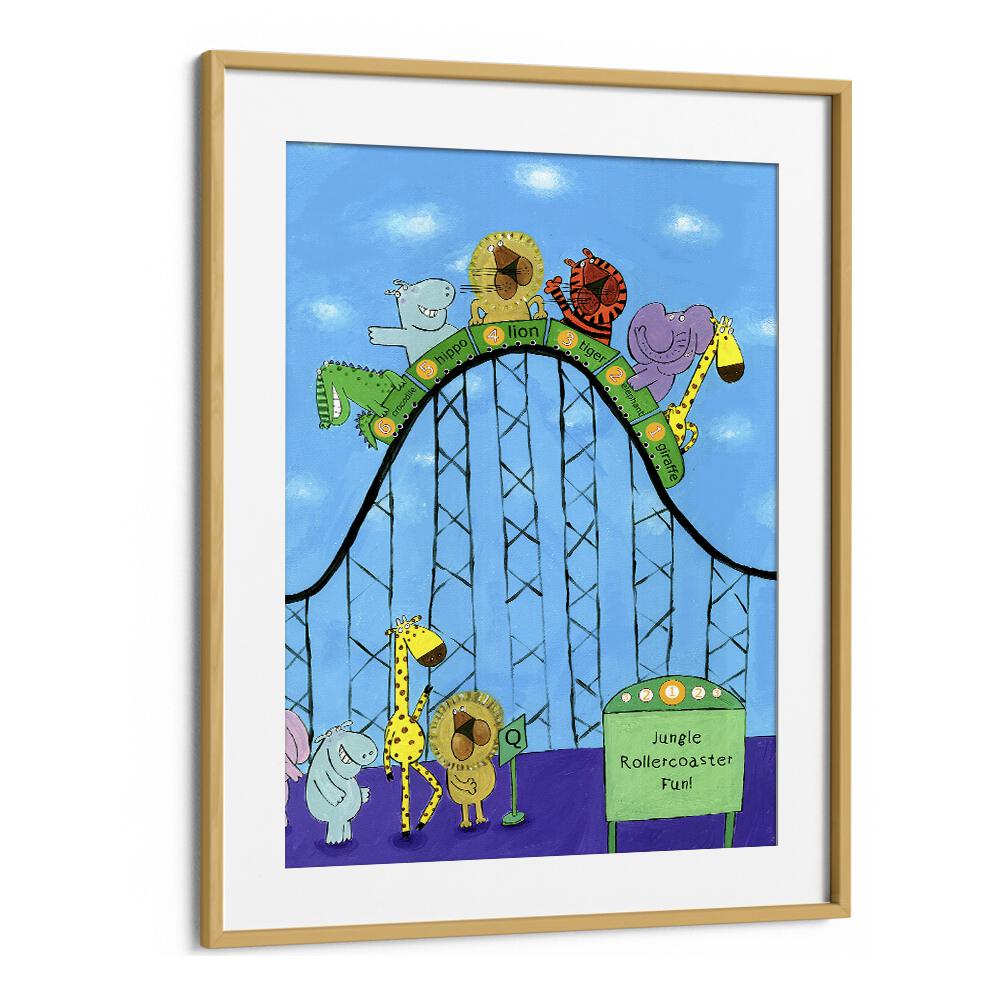 Jungle Animals Whizzing Down The Rollercoaster By Carla Daly Kids Painting in Oak Wood Frame With Mount