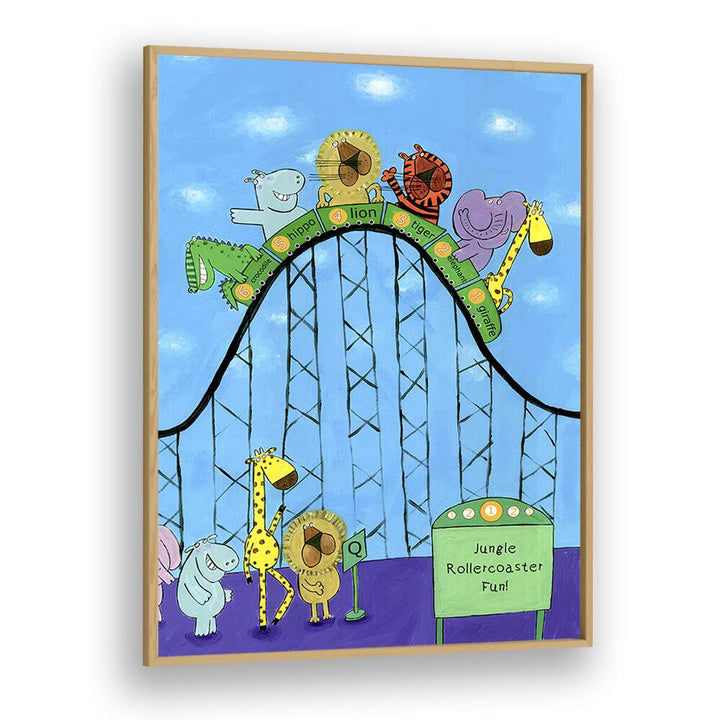 Jungle Animals Whizzing Down The Rollercoaster By Carla Daly Kids Painting in Oak Wood Plain Frame