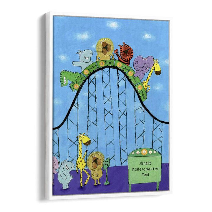 Jungle Animals Whizzing Down The Rollercoaster By Carla Daly Kids Painting in White Floater Frame