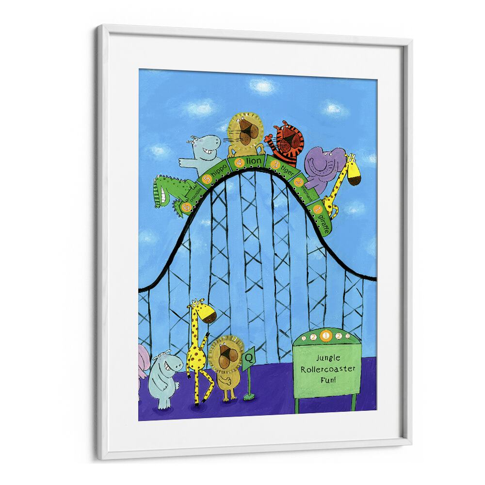 Jungle Animals Whizzing Down The Rollercoaster By Carla Daly Kids Painting in White Frame With Mount