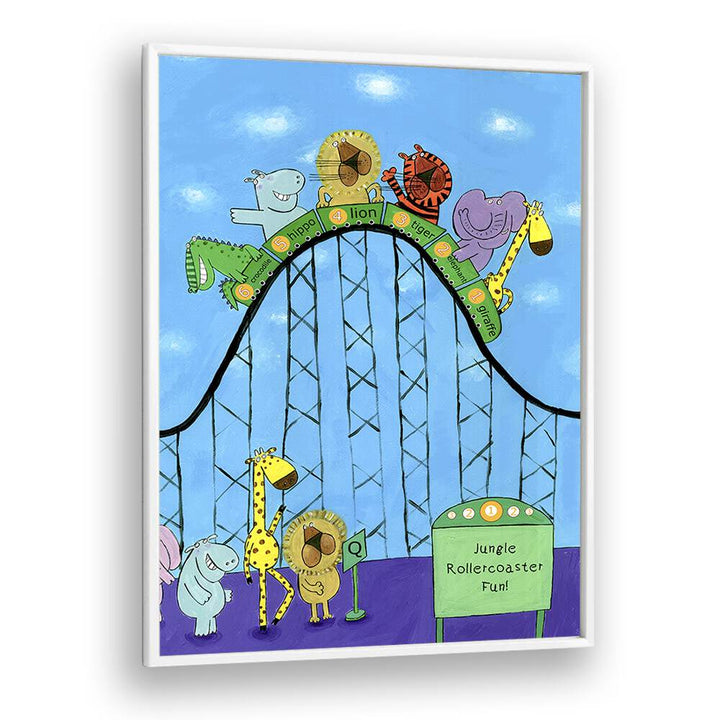 Jungle Animals Whizzing Down The Rollercoaster By Carla Daly Kids Painting in White Plain Frame