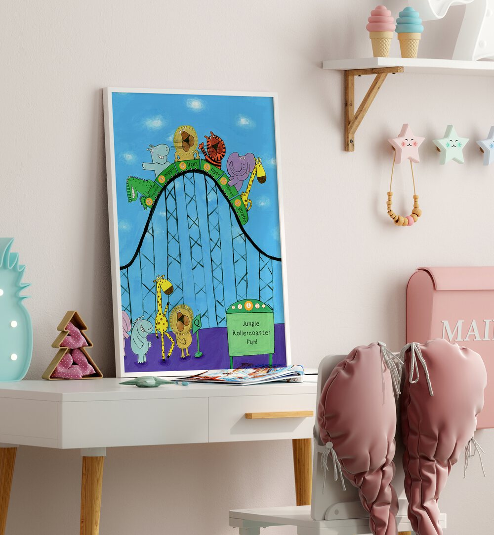 Jungle Animals Whizzing Down The Rollercoaster By Carla Daly Kids Painting  placed on a wall