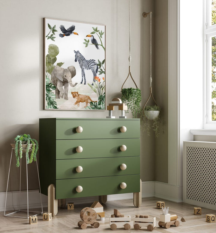 Jungle Babies By Goed Blauw Kids Room Paintings Kids Room Wall Art in Oak Wood Plain Frame placed on a Cream Colored Wall above a Console Table in the Kids Room