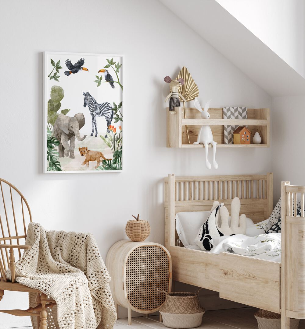 Jungle Babies By Goed Blauw Kids Room Paintings Kids Room Wall Art in White Plain Frame placed on a White Colored Wall in the Kids Room