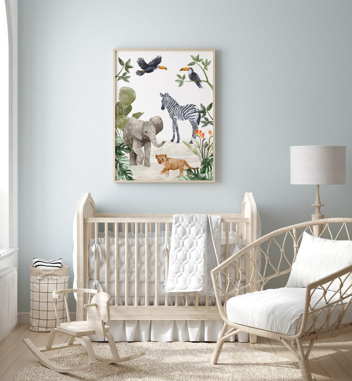 Jungle Babies By Goed Blauw Kids Room Paintings Kids Room Wall Art in Oak Wood Plain Frame placed on a Light Blue Colored Wall in the Kids Room