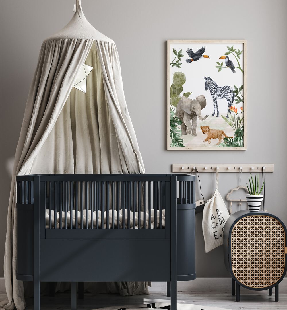 Jungle Babies By Goed Blauw Kids Room Paintings Kids Room Wall Art in Oak Wood Plain Frame placed on a Grey Colored Wall in the Kids Room