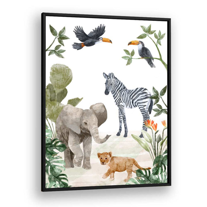 Jungle Babies By Goed Blauw Kids Room Paintings Kids Room Wall Art in Black Plain Frame