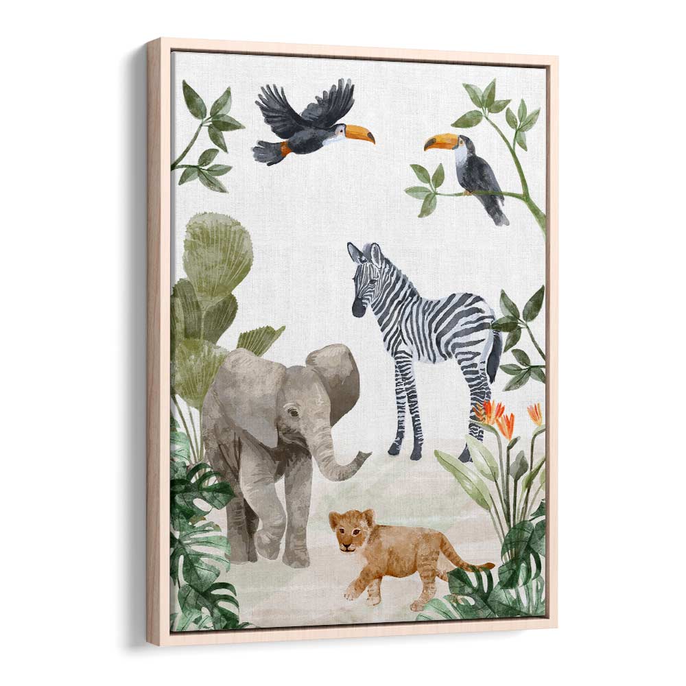 Jungle Babies By Goed Blauw Kids Room Paintings Kids Room Wall Art in Oak Wood Floater Frame