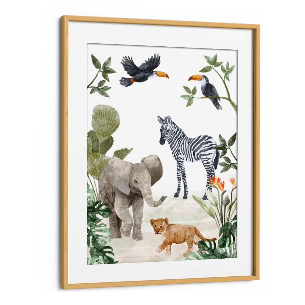 Jungle Babies By Goed Blauw Kids Room Paintings Kids Room Wall Art in Oak Wood Frame With Mount