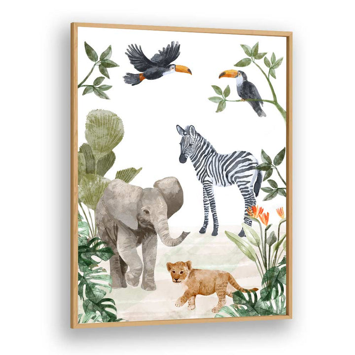 Jungle Babies By Goed Blauw Kids Room Paintings Kids Room Wall Art in Oak Wood Plain Frame