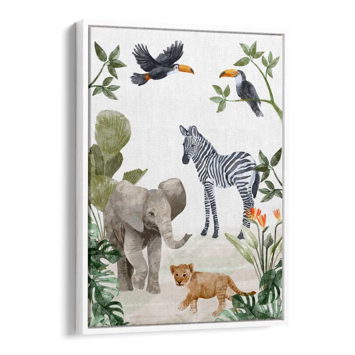 Jungle Babies By Goed Blauw Kids Room Paintings Kids Room Wall Art in White Floater Frame