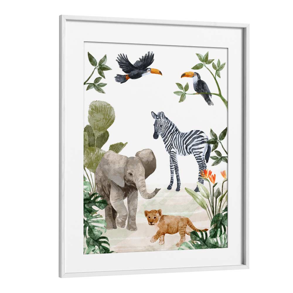 Jungle Babies By Goed Blauw Kids Room Paintings Kids Room Wall Art in White Frame With Mount