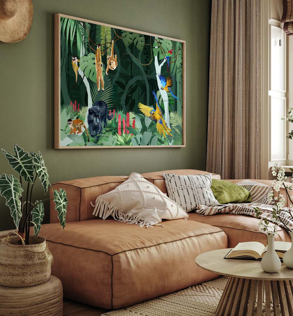 Jungle Party By Goed Blauw Wildlife Art Prints in Oak Wood Plain Frame placed on a Green Colored Wall near a Brown Sofa in the Living Room