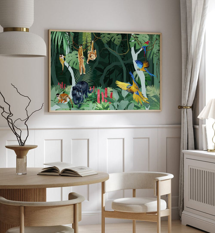 Jungle Party By Goed Blauw Wildlife Art Prints in Oak Wood Plain Frame placed on a White Colored Wall near a Dining Table in the Dining Room