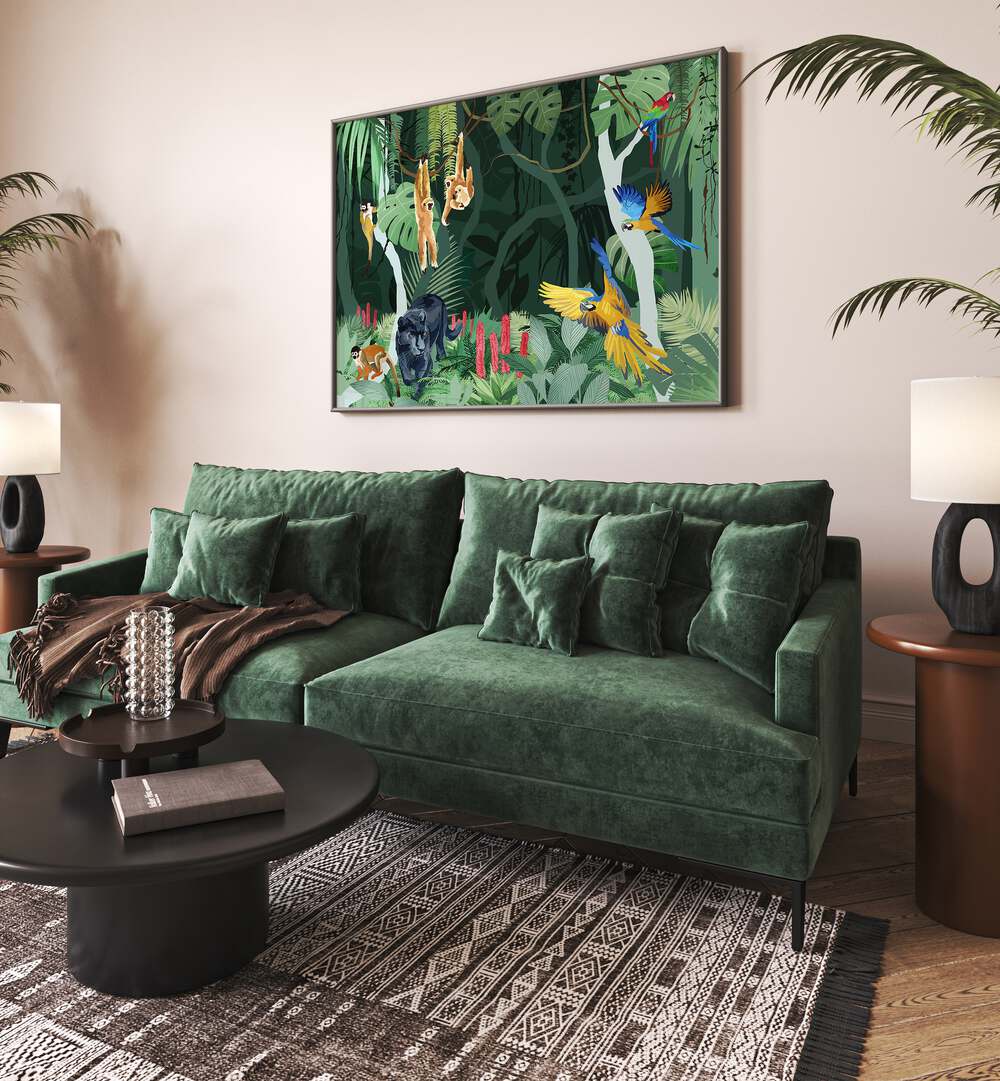 Jungle Party By Goed Blauw Wildlife Art Prints in Black Plain Frame placed on a Cream Colored Wall near a Green Sofa in the Living Room