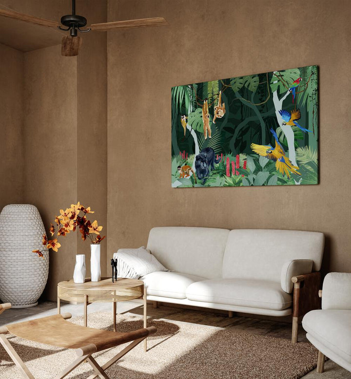 Jungle Party By Goed Blauw Wildlife Art Prints in Gallery Wrap placed on a Dessert Brown Colored Wall near a White Sofa in the Living Room