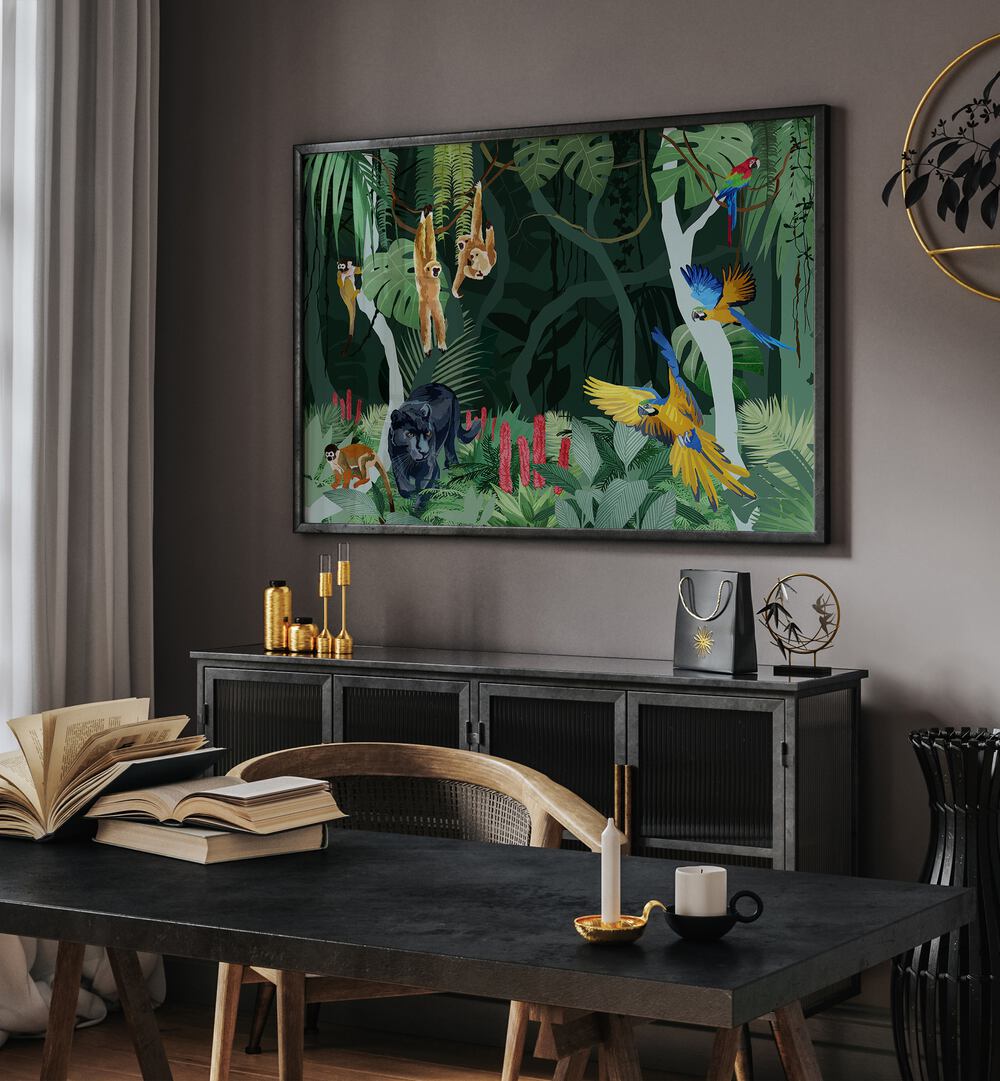 Jungle Party By Goed Blauw Wildlife Art Prints in Black Plain Frame placed on a Dark Grey Colored Wall near a Table in the Drawing Room