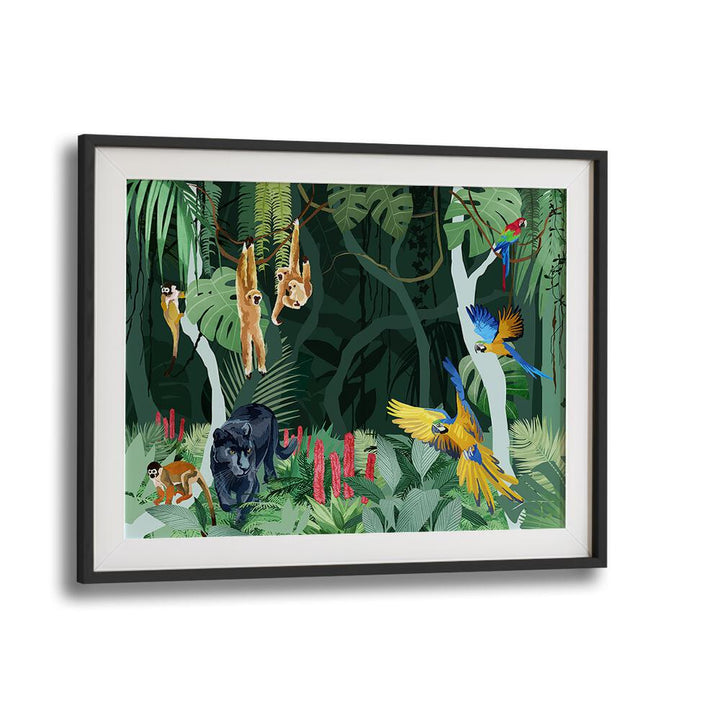 Jungle Party By Goed Blauw Wildlife Art Prints in Black Frame With Mount