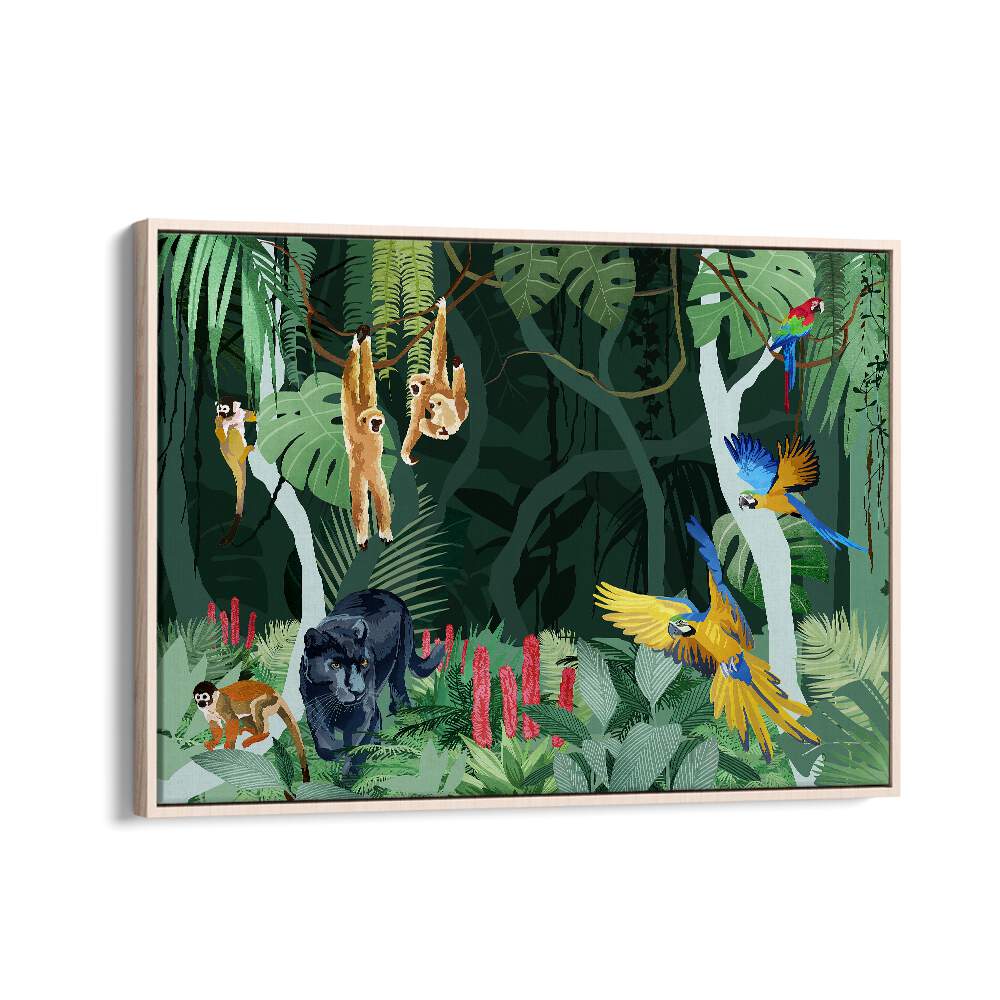 Jungle Party By Goed Blauw Wildlife Art Prints in Oak Wood Floater Frame