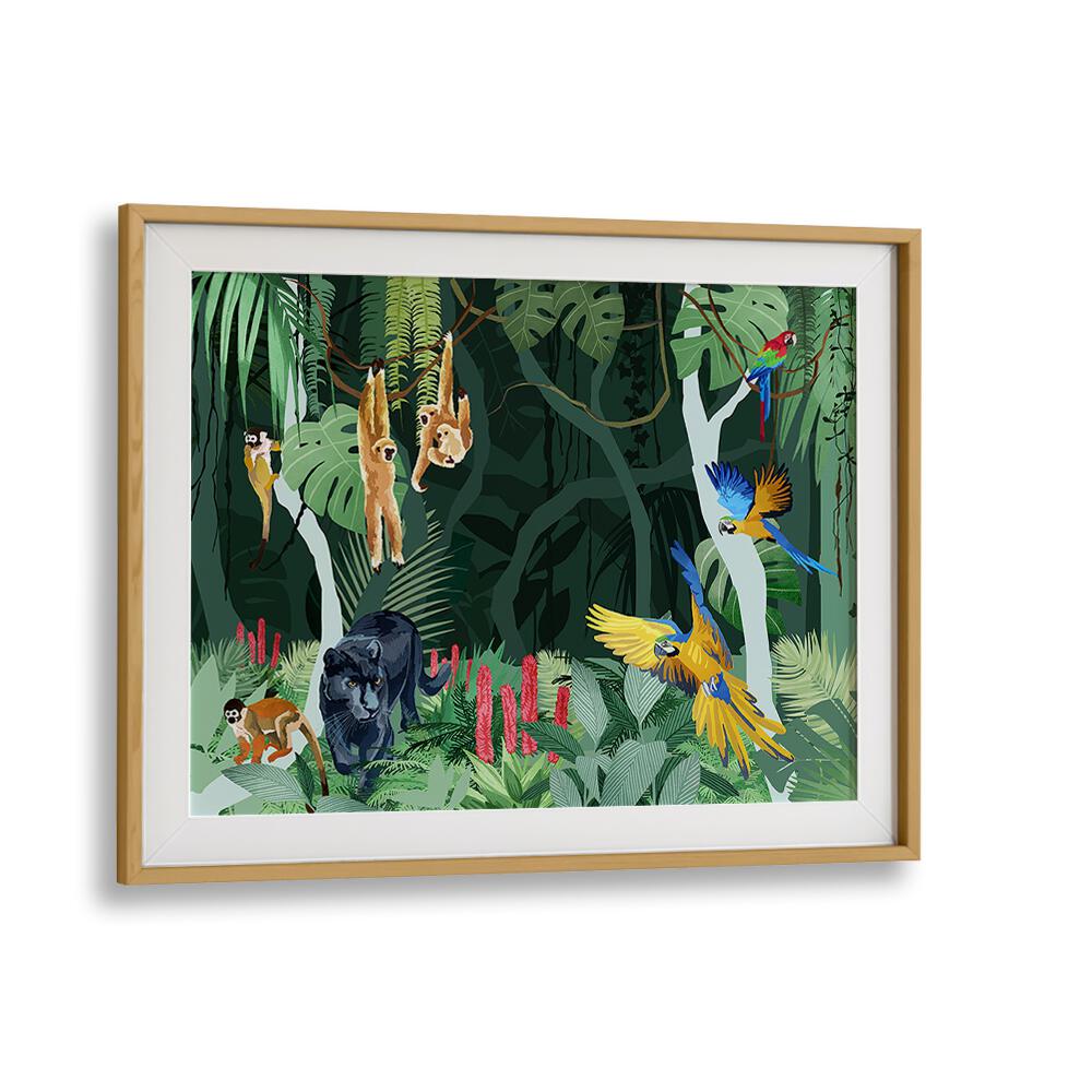 Jungle Party By Goed Blauw Wildlife Art Prints in Oak Wood Frame With Mount