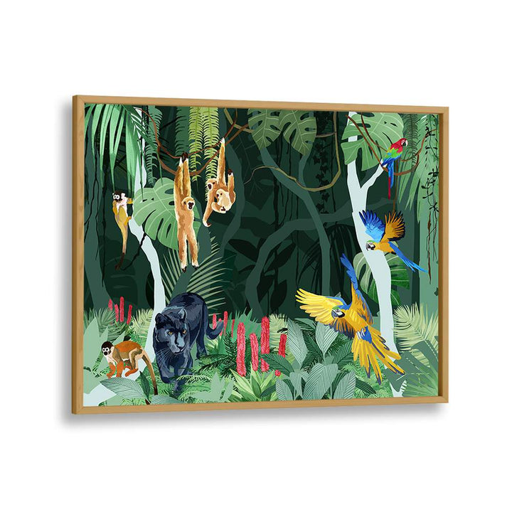 Jungle Party By Goed Blauw Wildlife Art Prints in Oak Wood Plain Frame