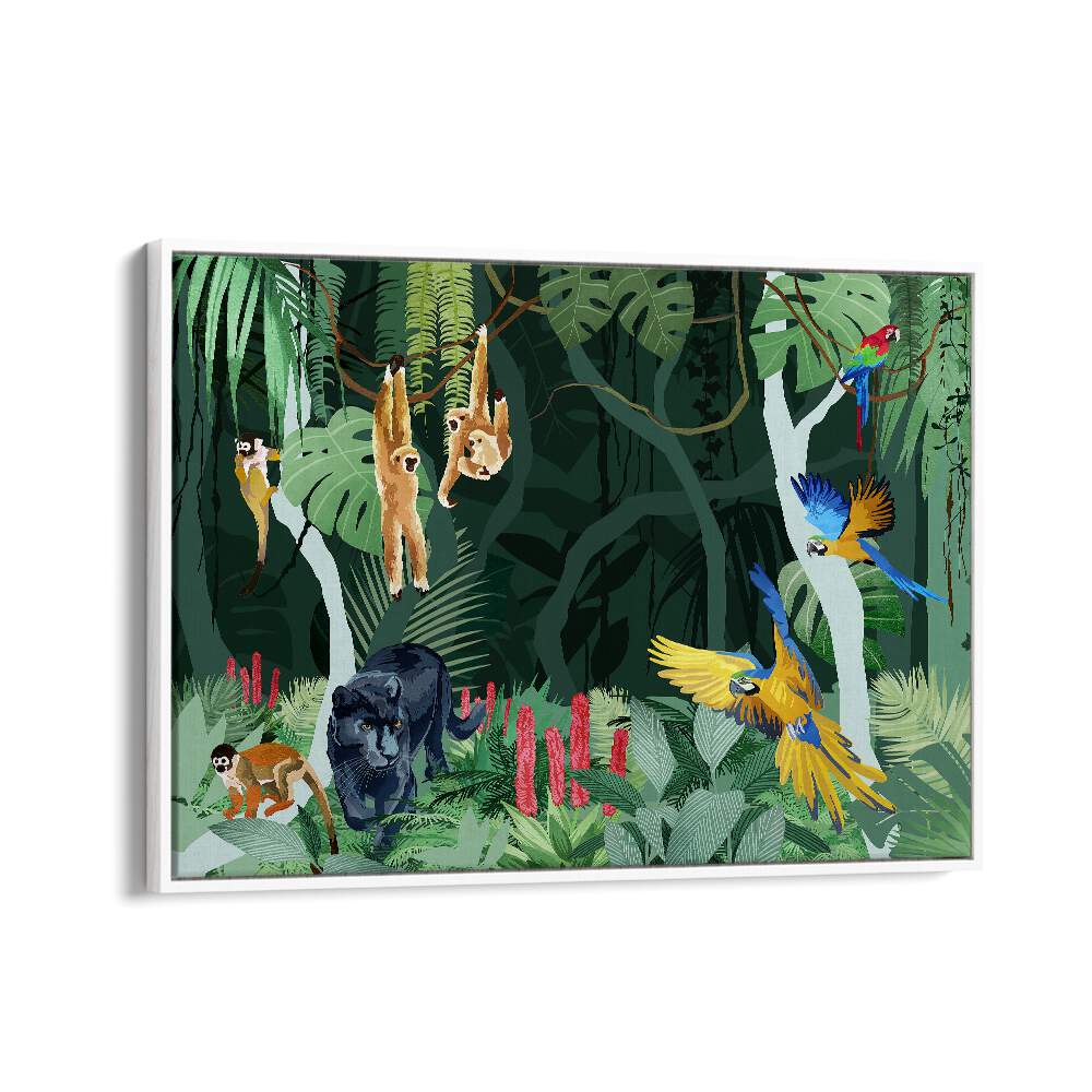 Jungle Party By Goed Blauw Wildlife Art Prints in White Floater Frame