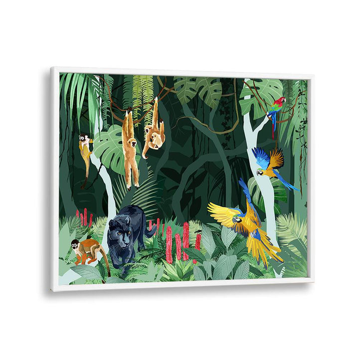 Jungle Party By Goed Blauw Wildlife Art Prints in White Plain Frame