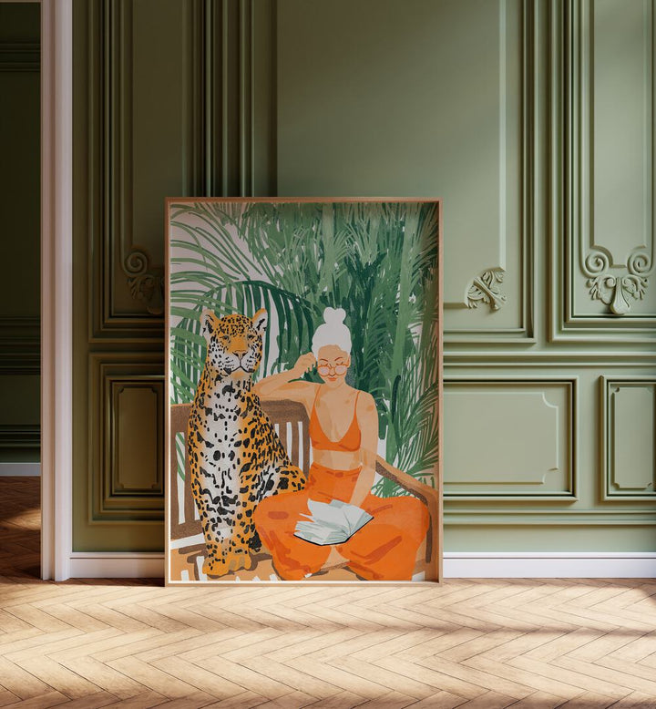 Jungle Vacay II By Uma Gokhale Woman Illustration Paintings in Oak Wood Plain Frame on a wooden floor beside a window