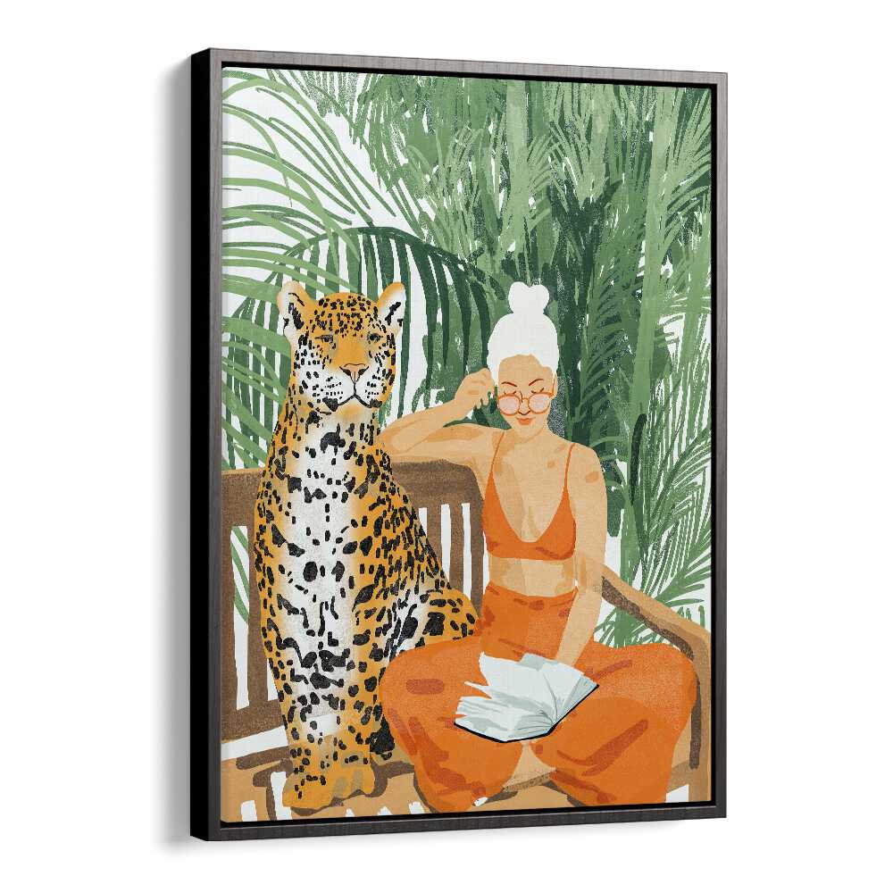 Jungle Vacay II By Uma Gokhale Woman Illustration Paintings in Black Floater Frame