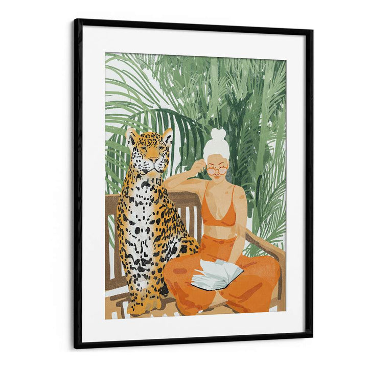 Jungle Vacay II By Uma Gokhale Woman Illustration Paintings in Black Frame With Mount