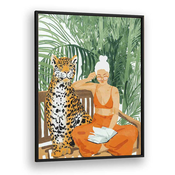 Jungle Vacay II By Uma Gokhale Woman Illustration Paintings in Black Plain Frame