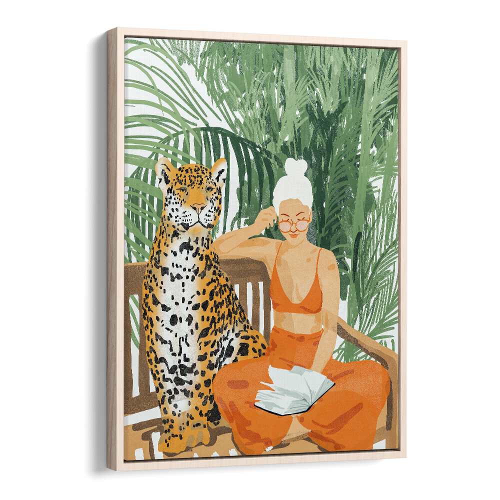 Jungle Vacay II By Uma Gokhale Woman Illustration Paintings in Oak Wood Floater Frame