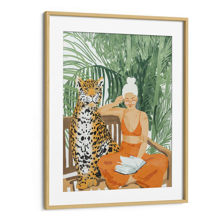 Jungle Vacay II By Uma Gokhale Woman Illustration Paintings in Oak Wood Frame With Mount