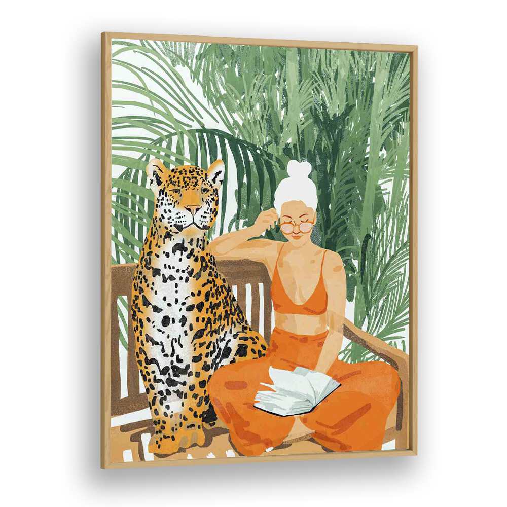 Jungle Vacay II By Uma Gokhale Woman Illustration Paintings in Oak Wood Plain Frame