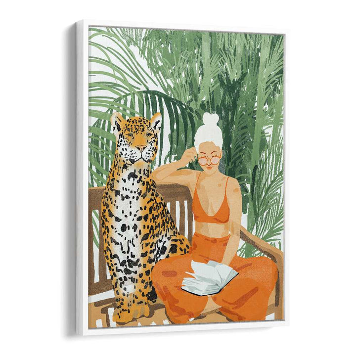 Jungle Vacay II By Uma Gokhale Woman Illustration Paintings in White Floater Frame