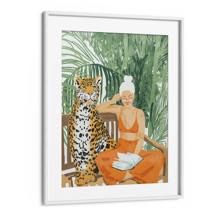 Jungle Vacay II By Uma Gokhale Woman Illustration Paintings in White Frame With Mount