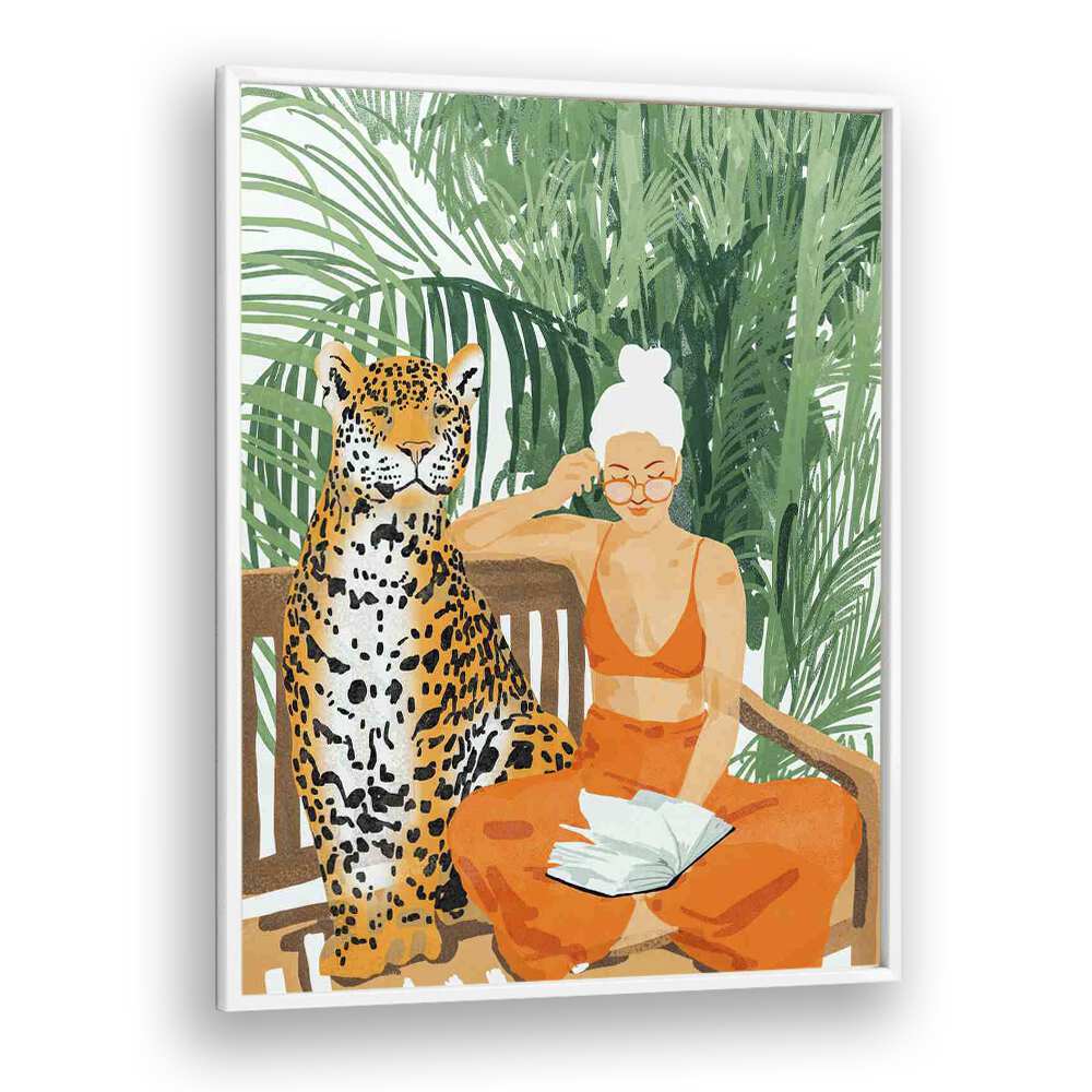 Jungle Vacay II By Uma Gokhale Woman Illustration Paintings in White Plain Frame