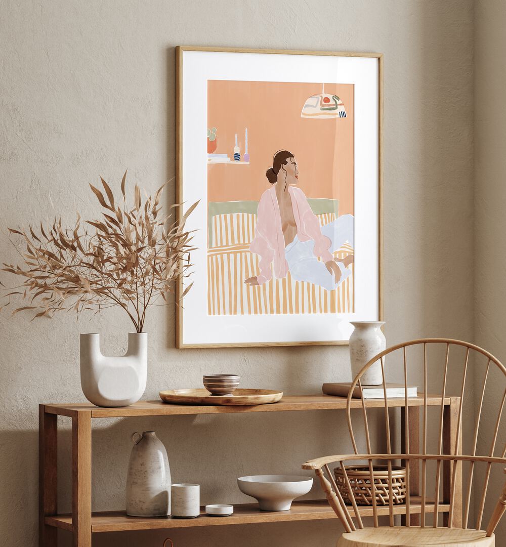 Just Let Me Chill By Ivy Green Women Illustration Paintings in Oakwood Frame With Mount on a cream wall above a table