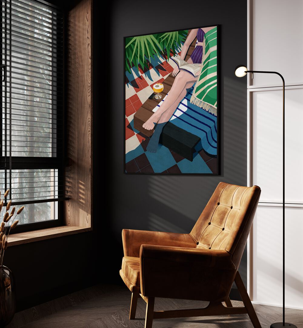 Just One More Chapter By Goed Blauw Women Illustrations paintings in Black Plain Frame placed on a wall beside an orange sofa