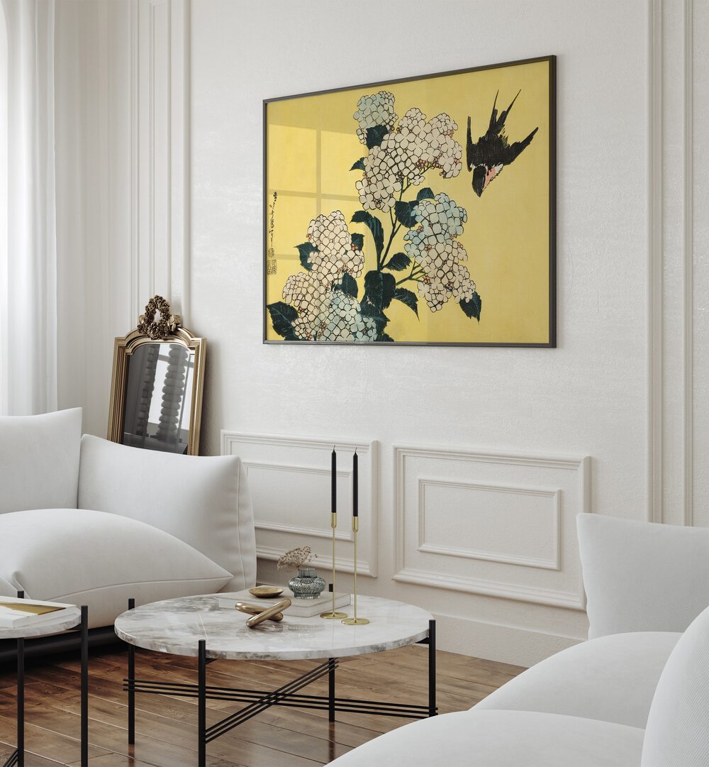 HYDRANGEA AND SWALLOW , VINTAGE PAINTINGS