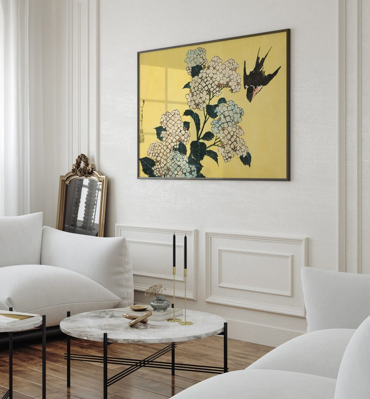 HYDRANGEA AND SWALLOW , VINTAGE PAINTINGS