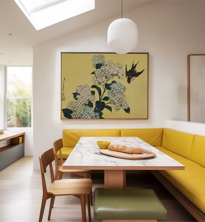 HYDRANGEA AND SWALLOW , VINTAGE PAINTINGS
