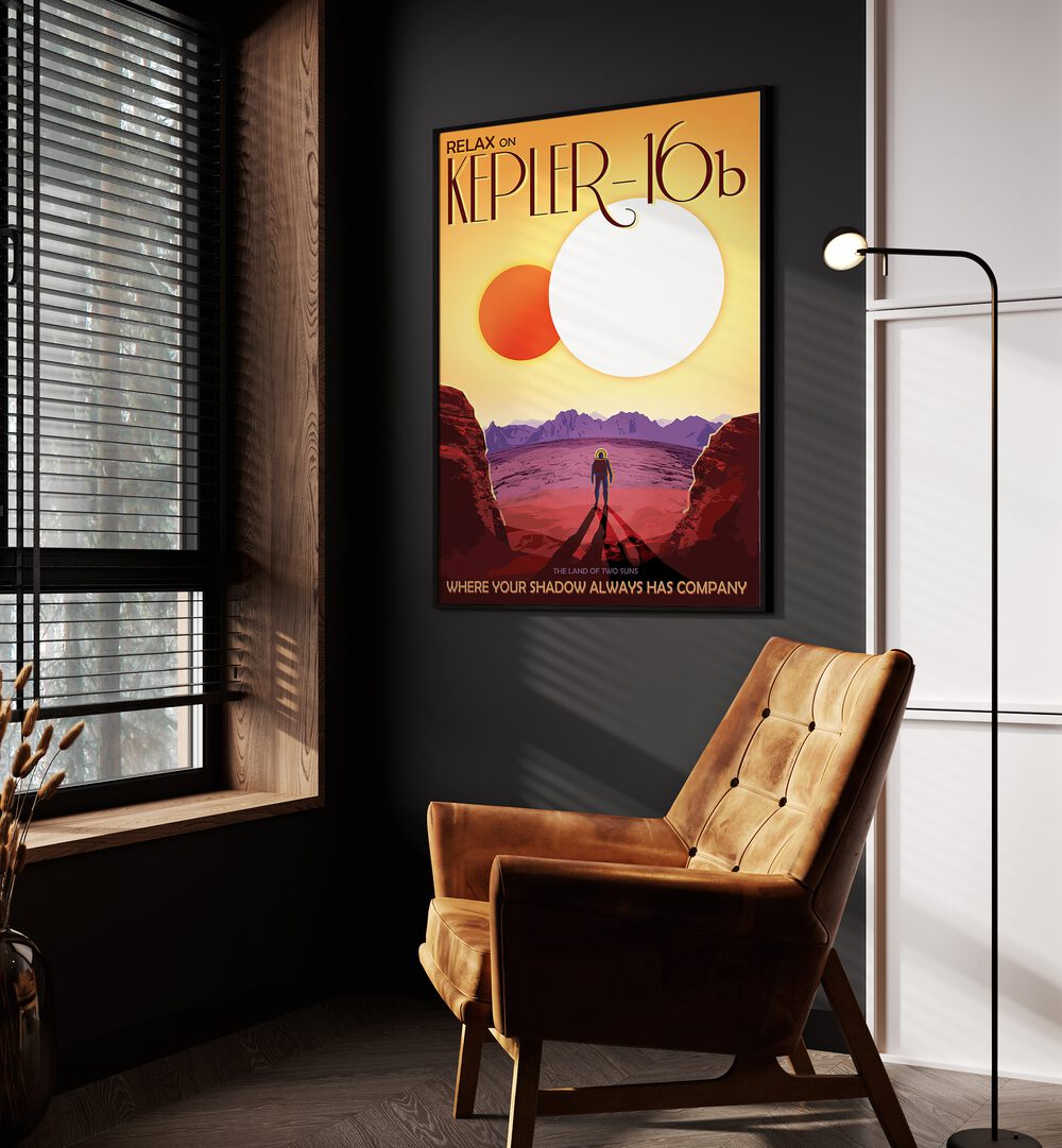 Kepler-16B Astronaut & Nasa Paintings, Space Art Prints Artwork in Black Plain Frame placed on a Dark Grey Colored Wall in the Drawing Room

