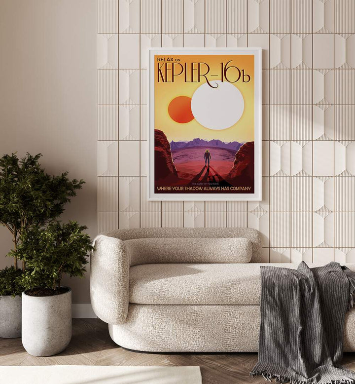 Kepler-16B Astronaut & Nasa Paintings, Space Art Prints Artwork in White Frame With Mount placed on a Beige Colored Tiled Wall near a Beige Sofa in the Living Room


