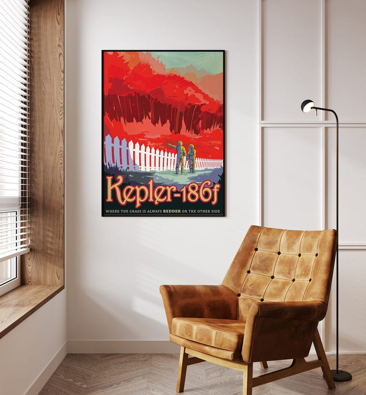 Kepler-186F Astronaut & Nasa Paintings, Space Art Prints Artwork in Black Plain Frame placed on a White Colored Wall in the Drawing Room
