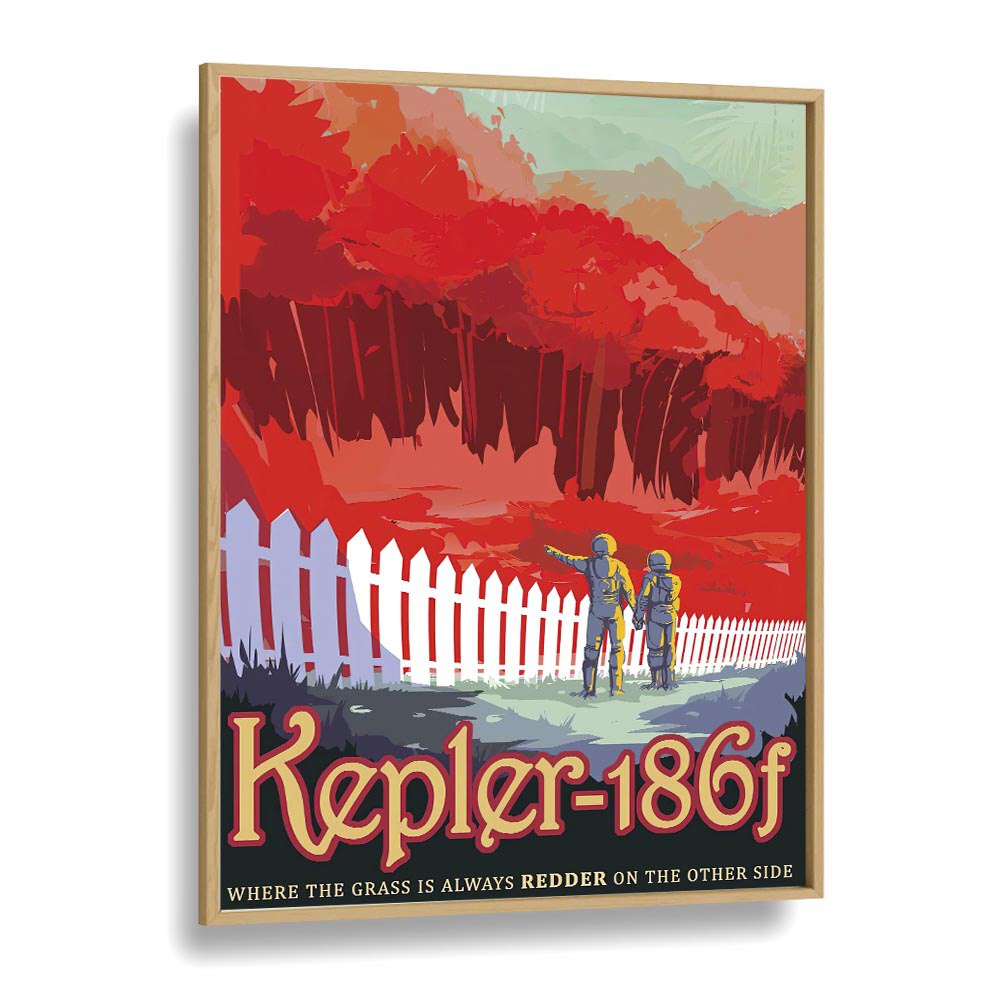 Kepler-186F Astronaut & Nasa Paintings, Space Art Prints Artwork in Oak Wood Plain Frame
